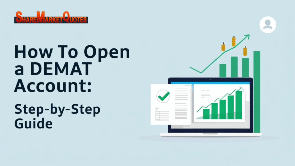 Illustration showing step-by-step guide to open a Demat account with stock charts, trading app, and a user icon on a clean blue background